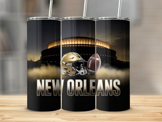 New Orleans Saints football helmet and ball on stadium background.