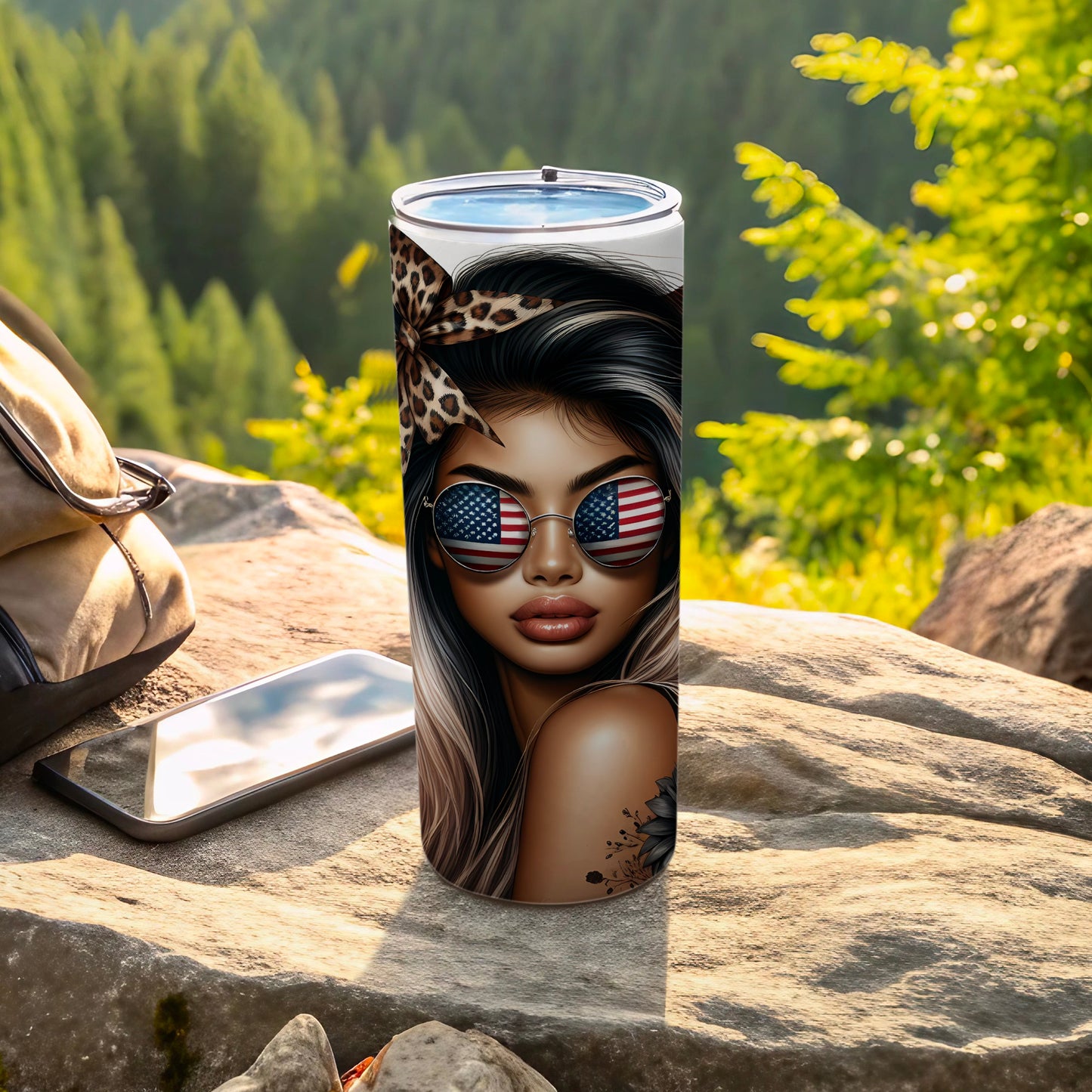 Tumbler with woman wearing sunglasses with American flag and leopard print headband.