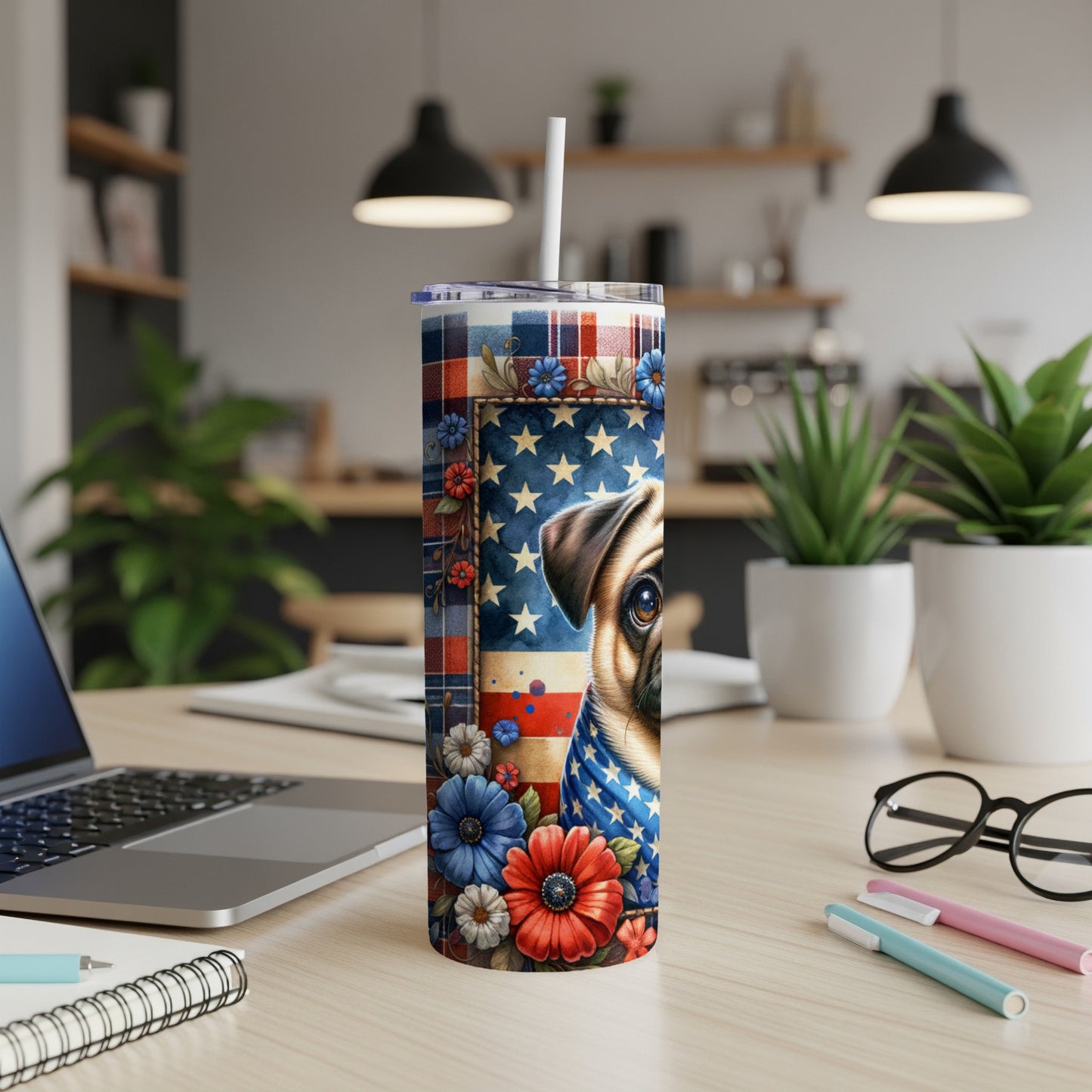 American flag patriotic pug dog with flowers on a tumbler cup.
