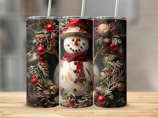 Snowman wearing scarf and hat on a snowy pine branch background.