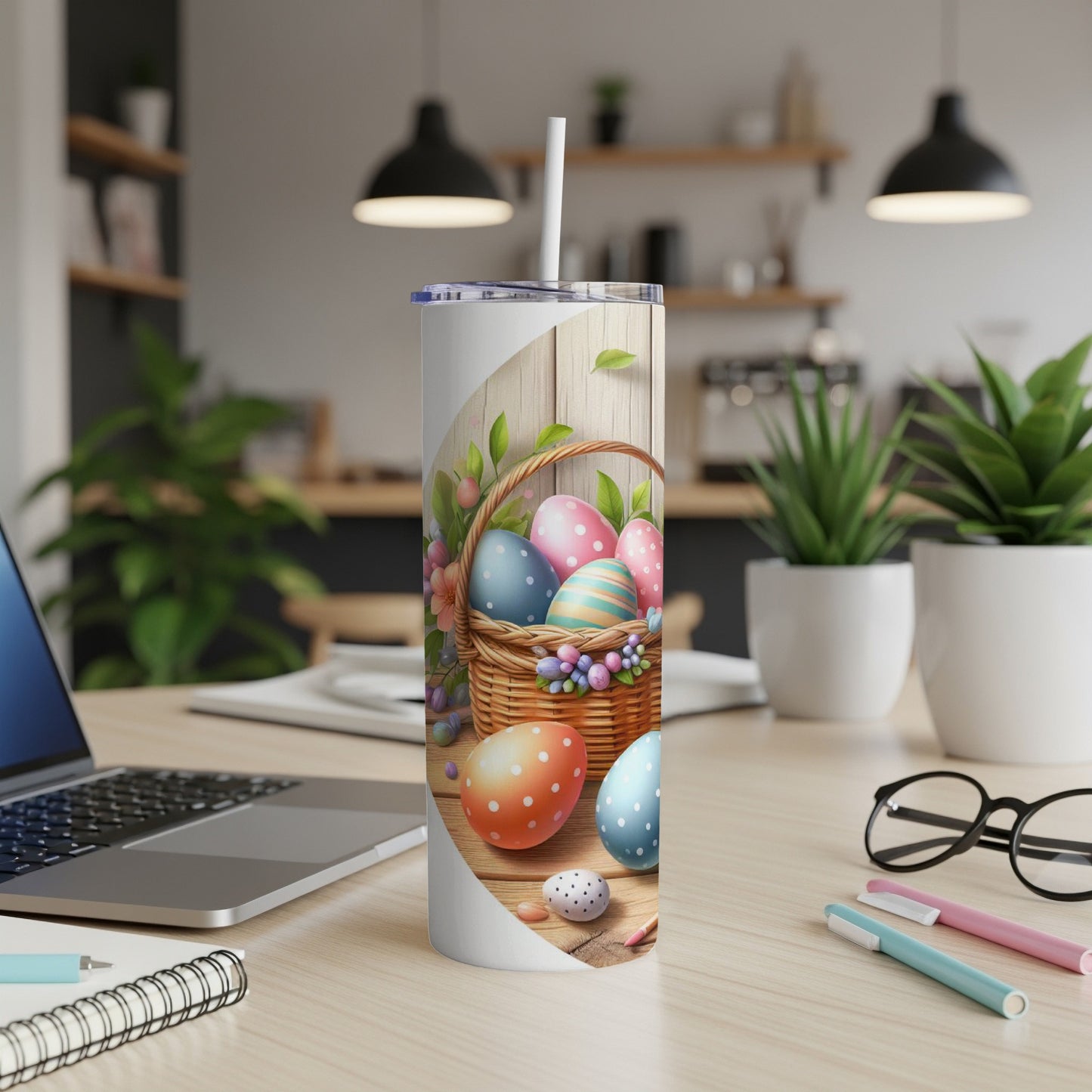 Easter basket with colorful eggs on a white tumbler, with a blurred kitchen background.