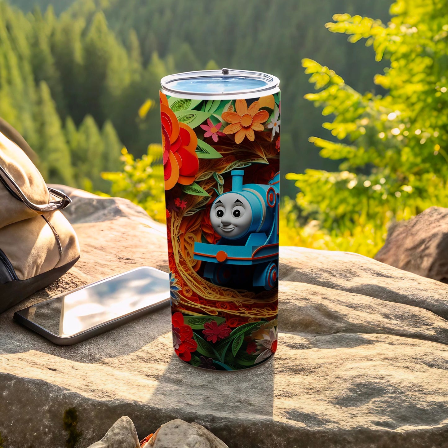 Colorful Train and Flowers Design Tumbler Cup