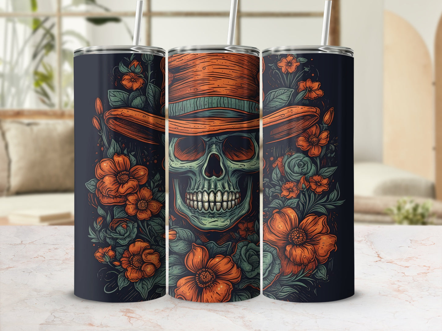 Floral Skull with Hat Artwork on Tumbler Product