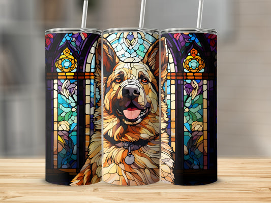 German Shepherd dog portrait on stained glass background tumbler.