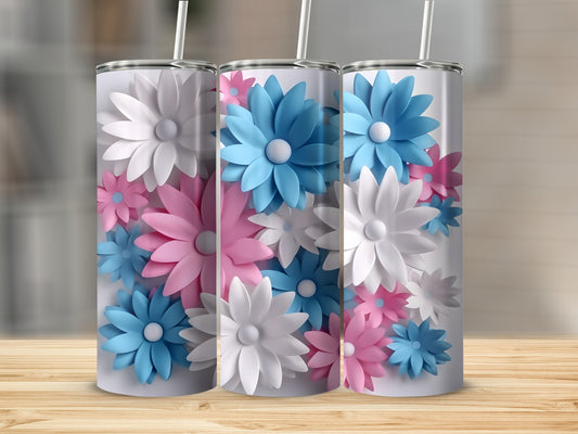 Three tall tumblers with pastel floral designs.