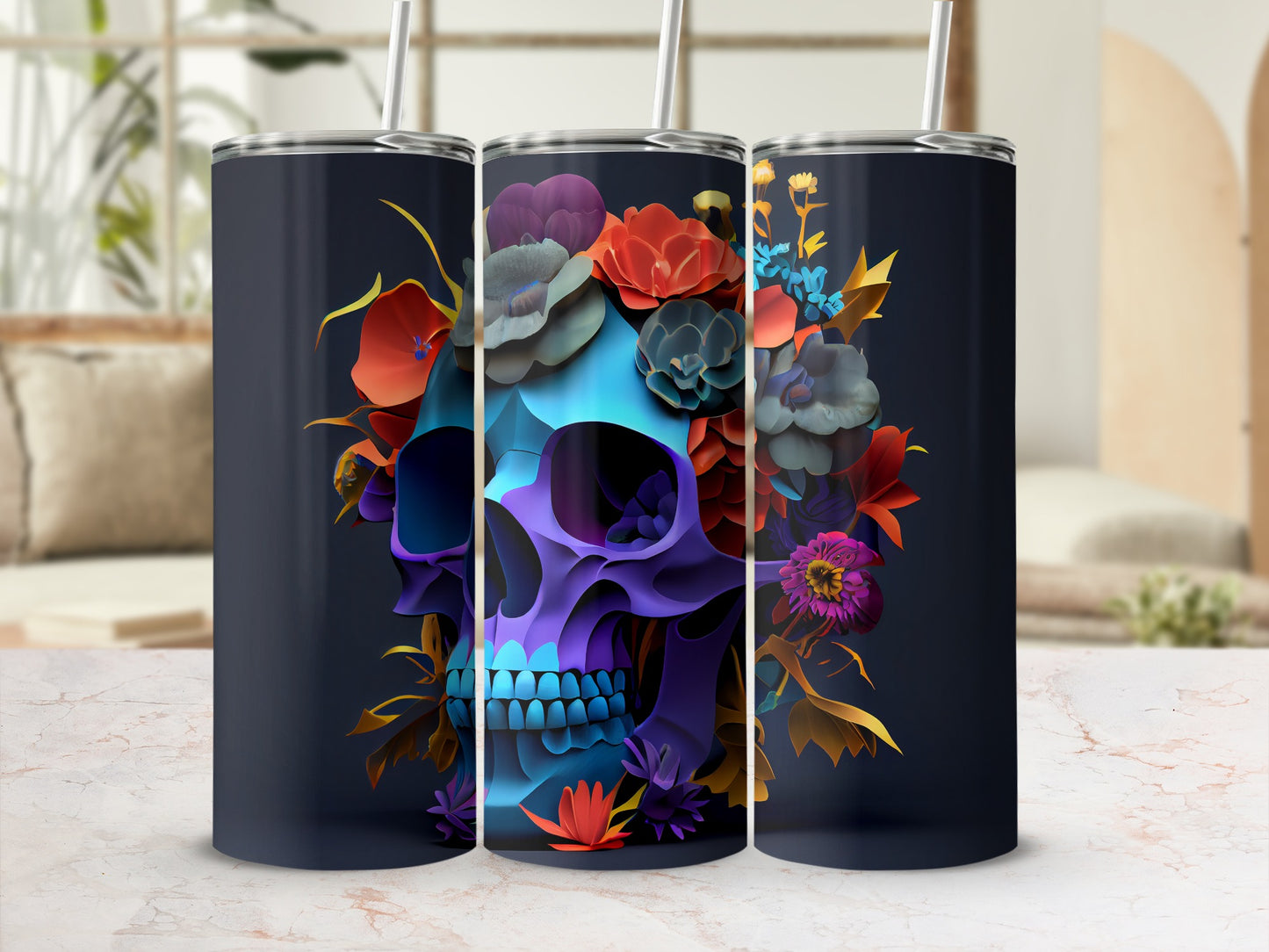 Vibrant Floral Skull Design Tumbler with Straw Product