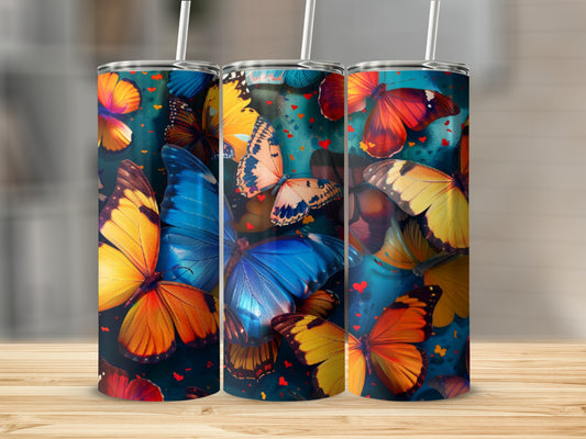 Three tumblers with colorful butterflies and red hearts design.