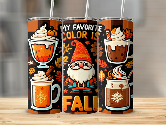Fall gnome with colorful drinks and autumn leaves on a tumbler.