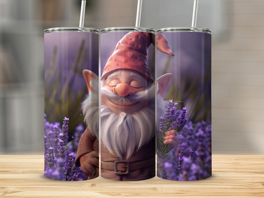 Gnome holding lavender sprigs, surrounded by purple flowers.