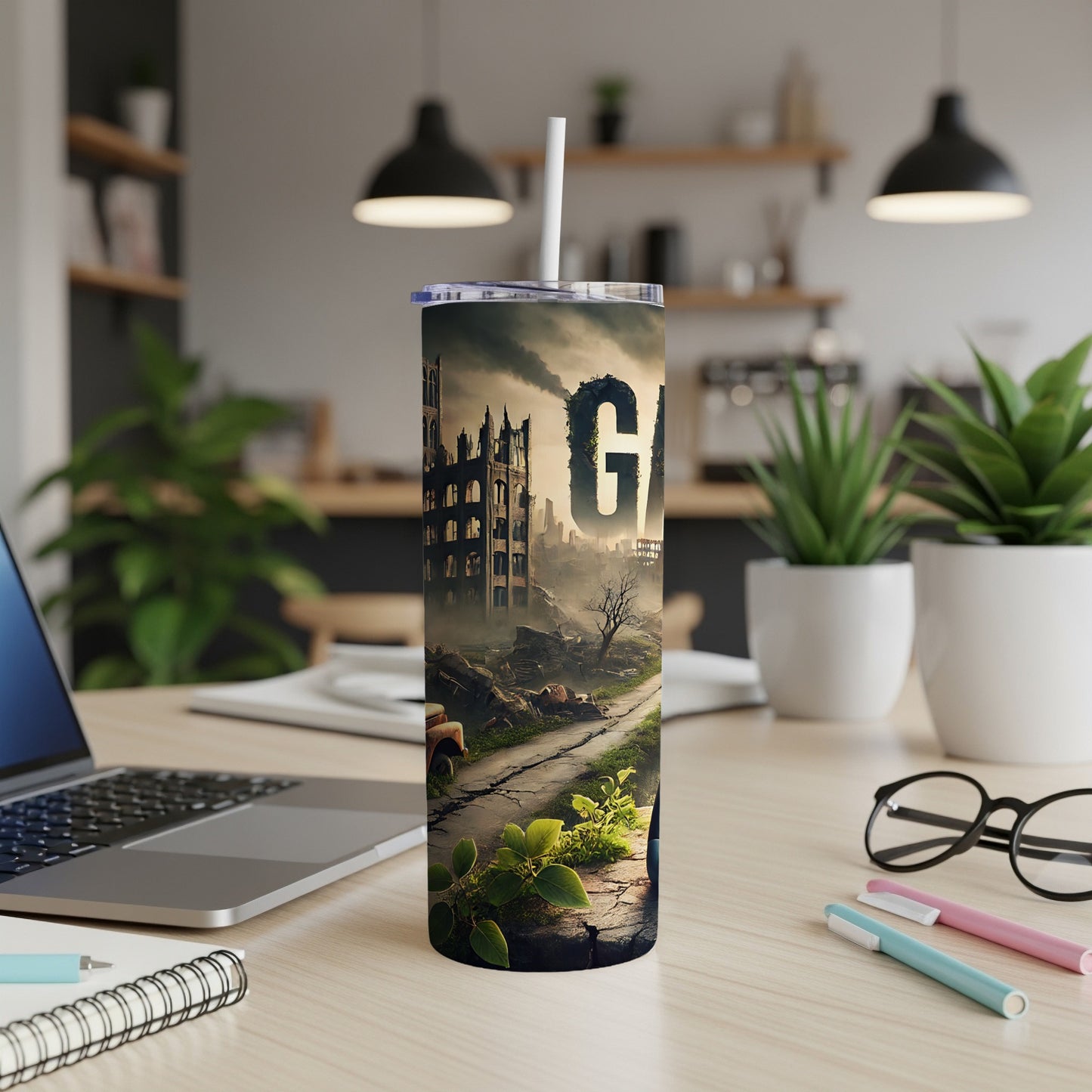 Graffiti-style text on a tumbler with a post-apocalyptic scene.
