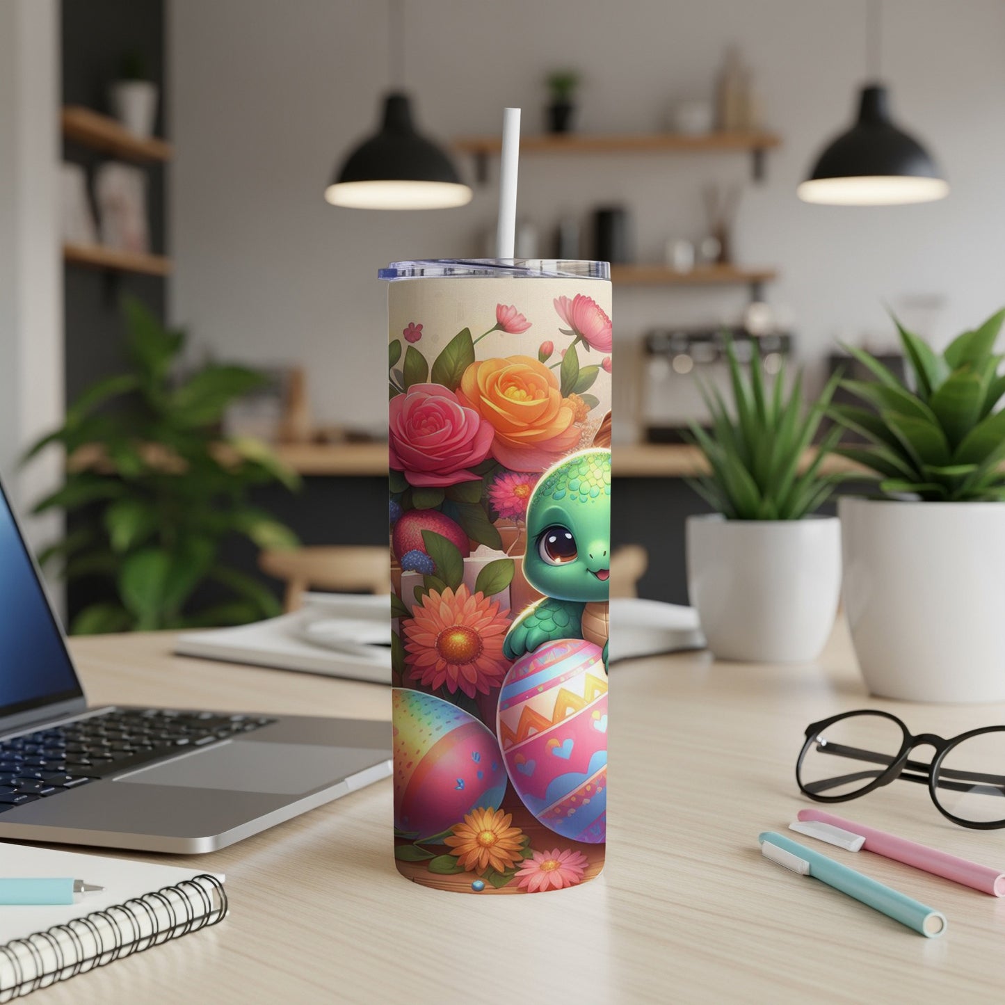 Easter turtle with colorful eggs and flowers on a skinny tumbler.