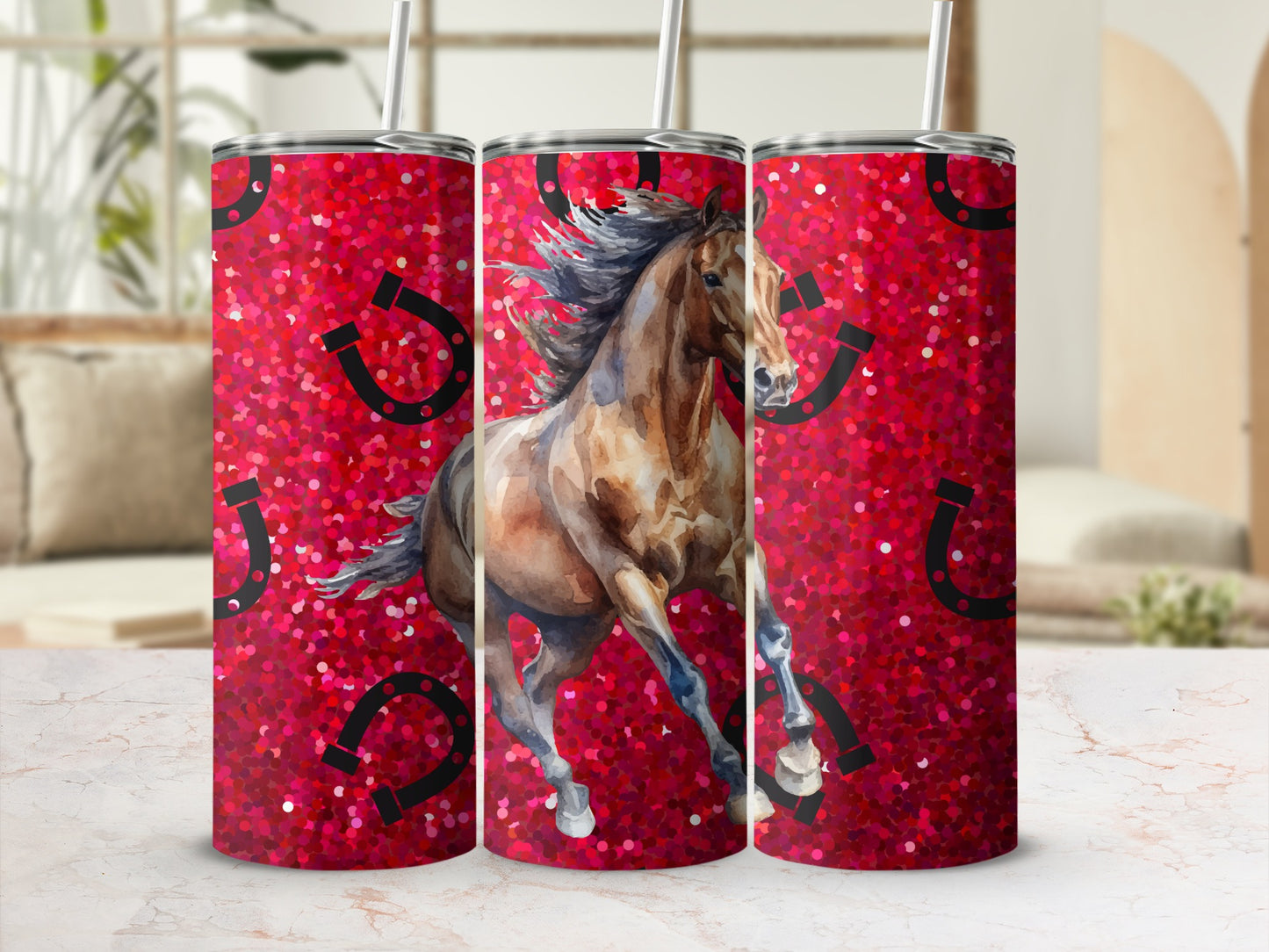 Unique Galloping Horse Red Glitter Tumbler Cup