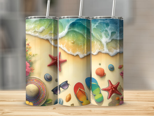 Three tumblers depicting a beach scene with starfish, shells, flip-flops, and a hat.