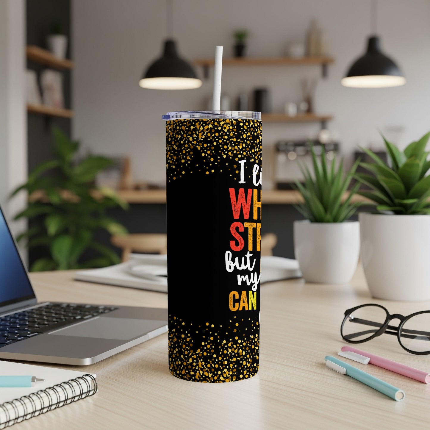 Black tumbler with white text "I like Who I am, but my cancer..." and gold glitter accents.