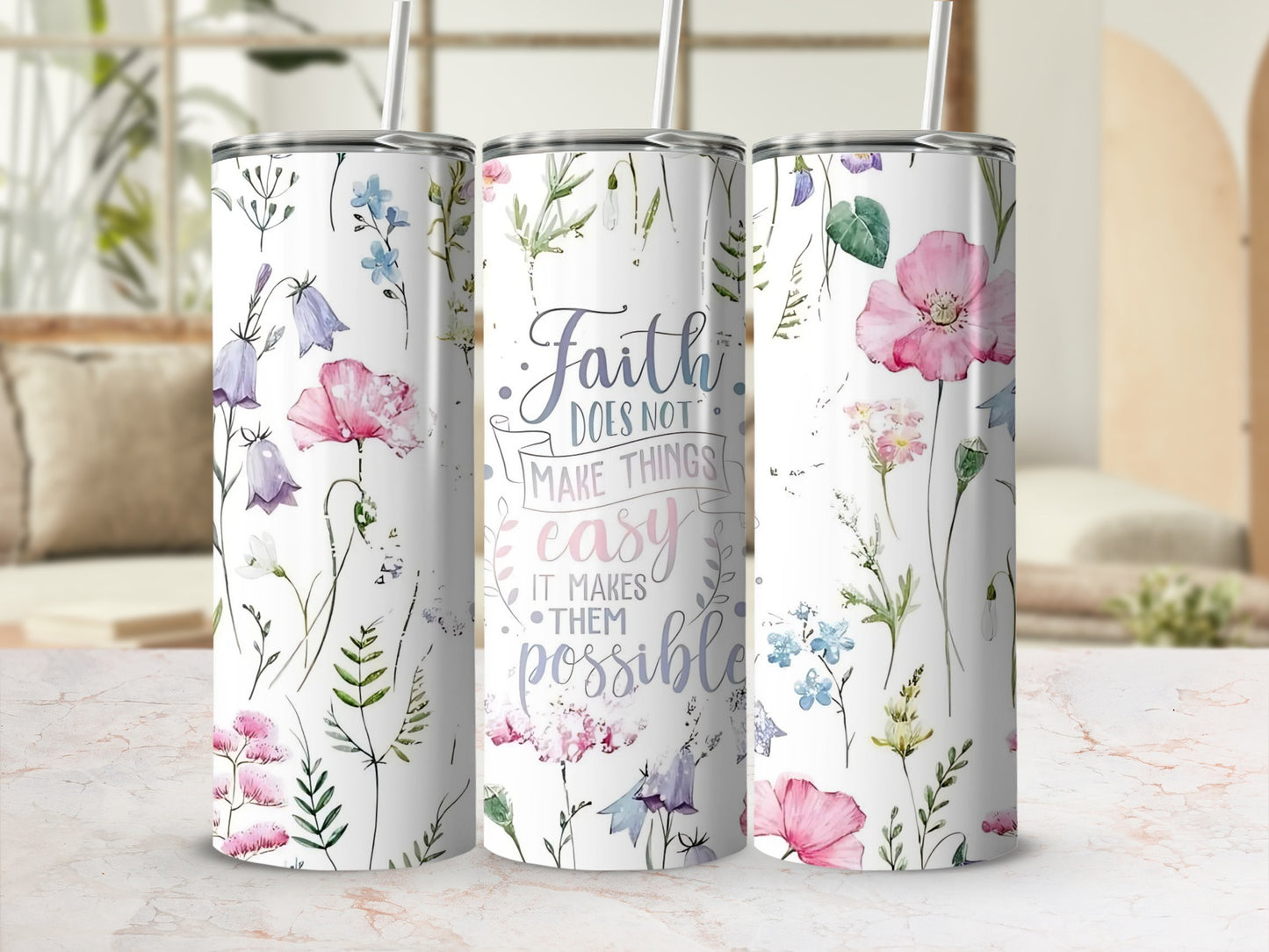 Floral and Inspirational Quote Design Tumblers Set