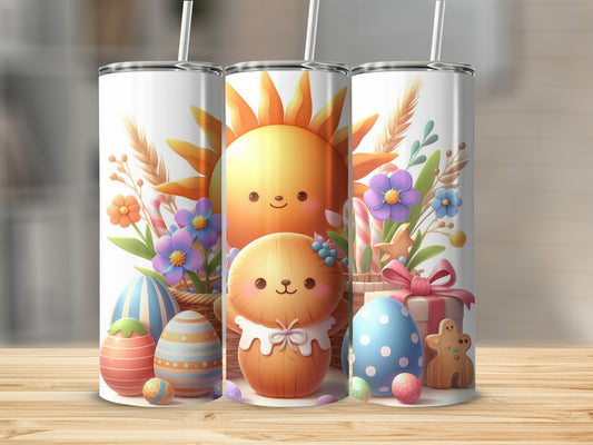 Easter tumbler with sun, decorated eggs, and bunny character.