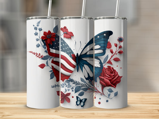 White tumblers with butterfly and floral patriotic American flag design.