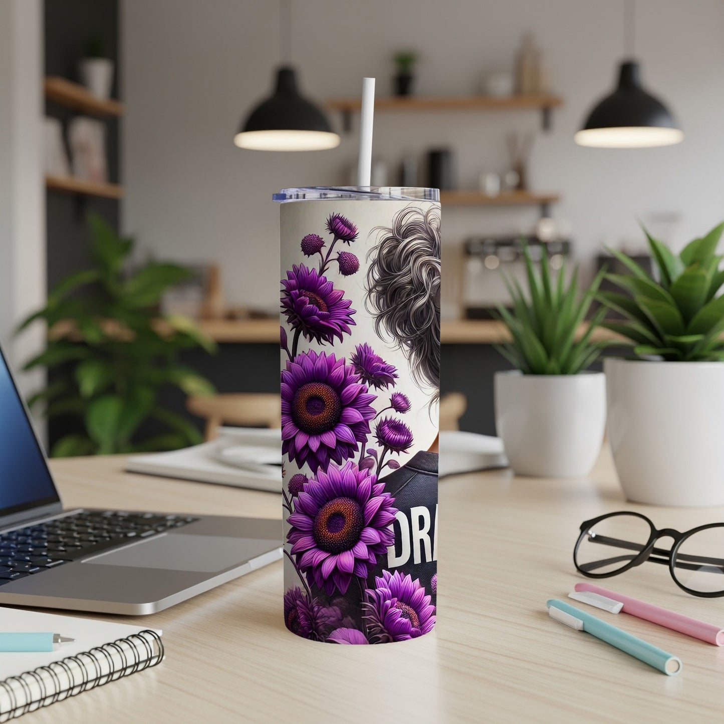 Floral tumbler with purple flowers and abstract black and white hair pattern.