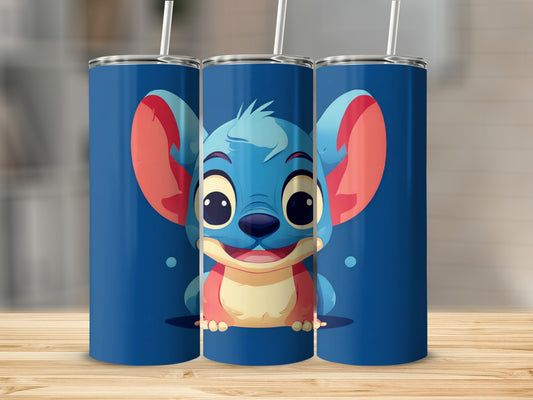 Blue tumbler with Stitch character design.