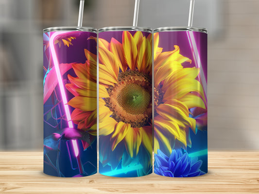 Three tumblers with sunflower and neon floral designs on a wooden surface.
