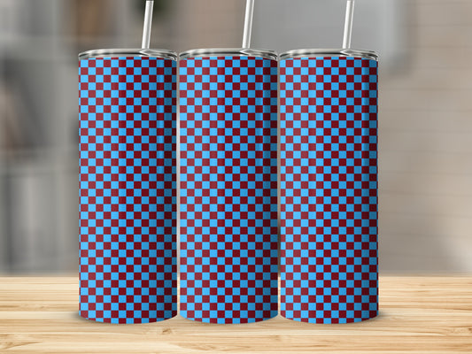 Three tall tumblers with a red and blue checkered pattern.