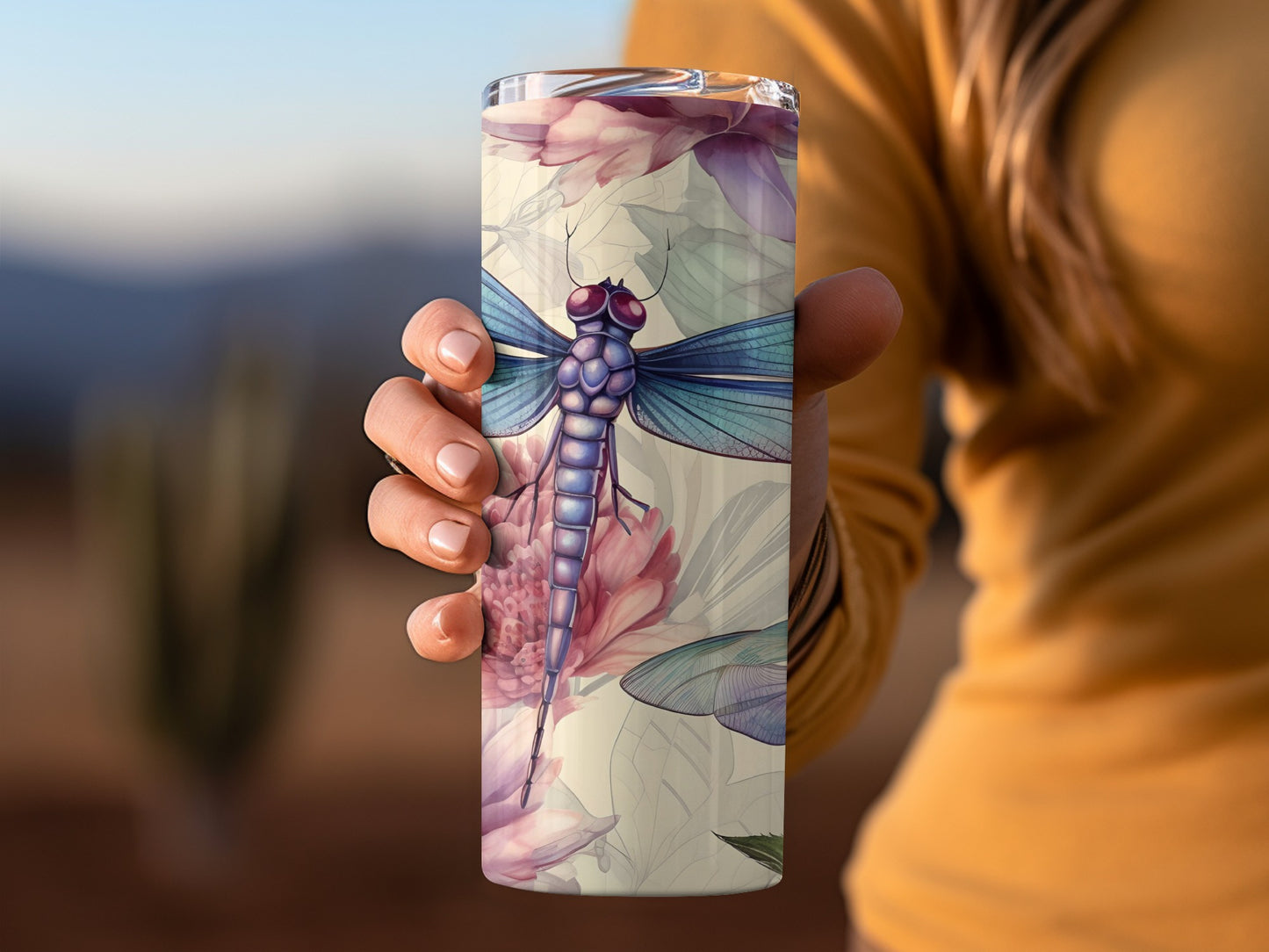 Dragonfly and Floral Pattern Travel Tumbler