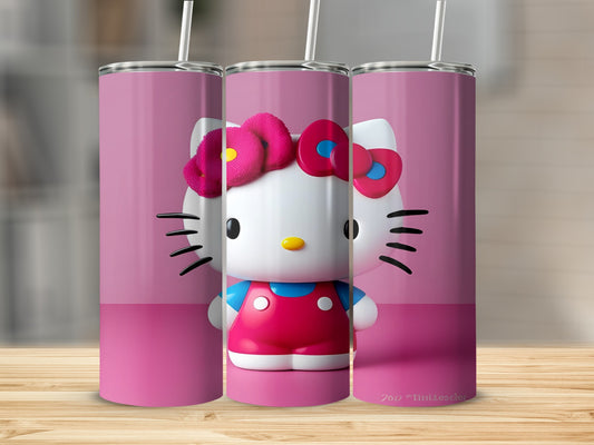 Three Hello Kitty tumblers with pink backgrounds and straw details.