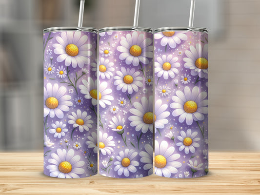 Three tumblers with a purple and white daisy floral pattern.