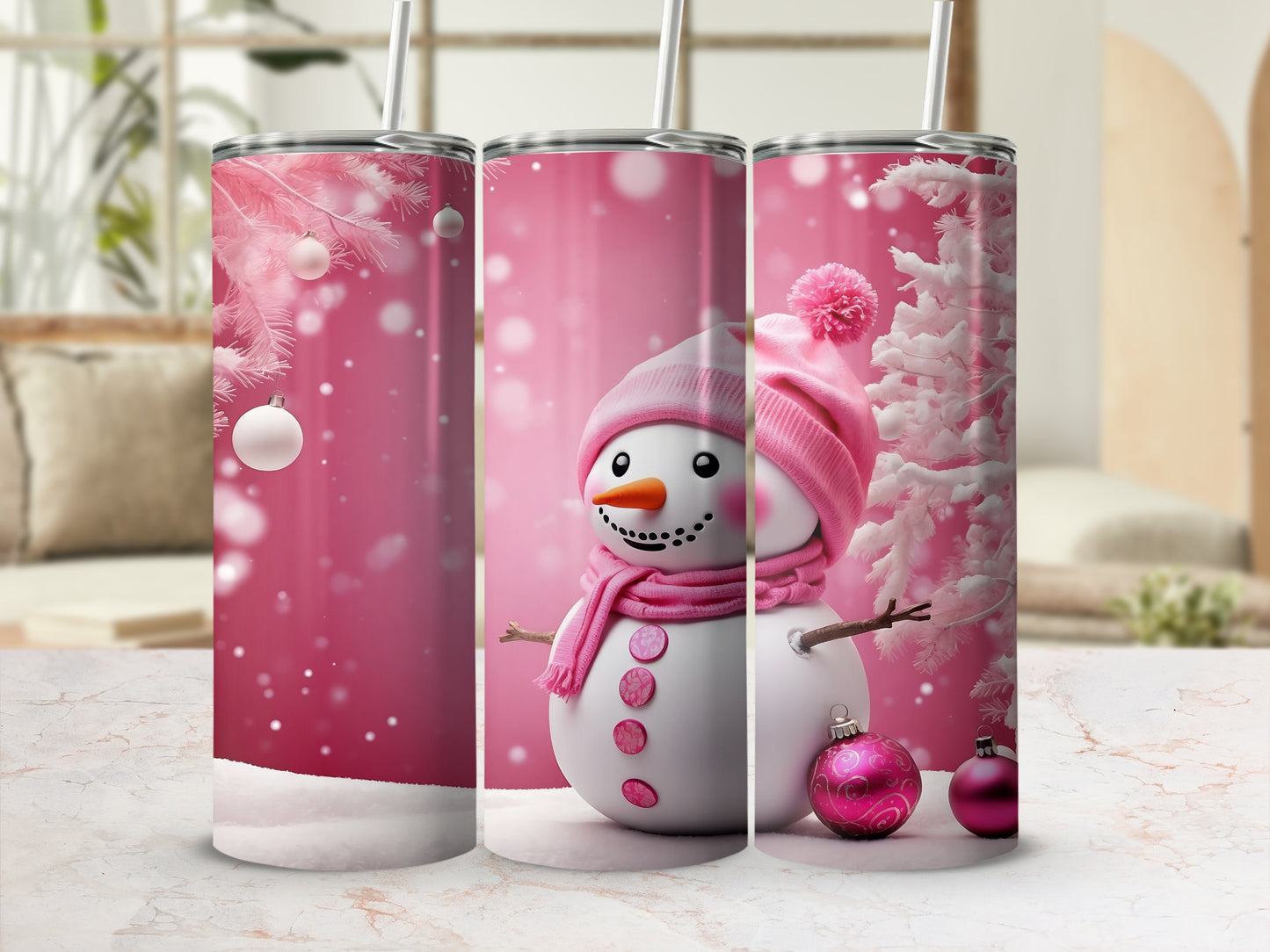 Pink Snowman Tumbler with Christmas Decorations Design