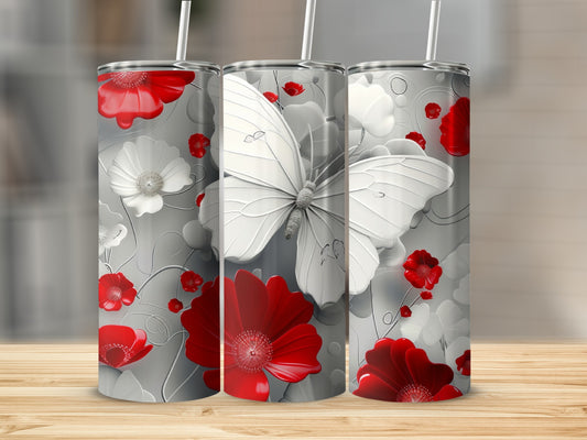 White butterfly and red flowers on a gray textured tumbler.