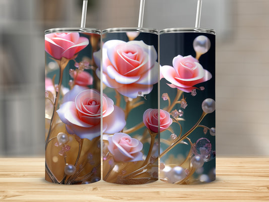 Three tumblers with pink roses, pearls, and gold accents on a wooden surface.