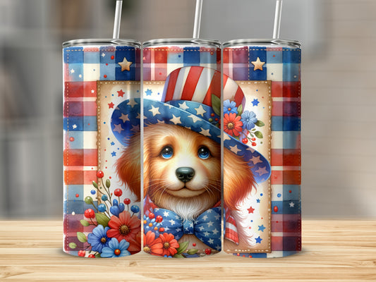 Patriotic dog wearing a star-spangled hat and bowtie, surrounded by flowers.