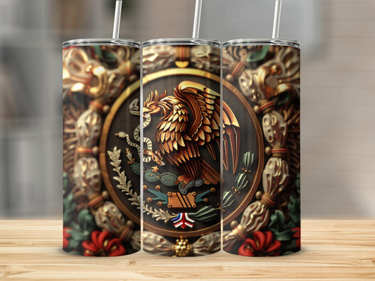 Three tumblers featuring the Mexican coat of arms and floral embellishments.