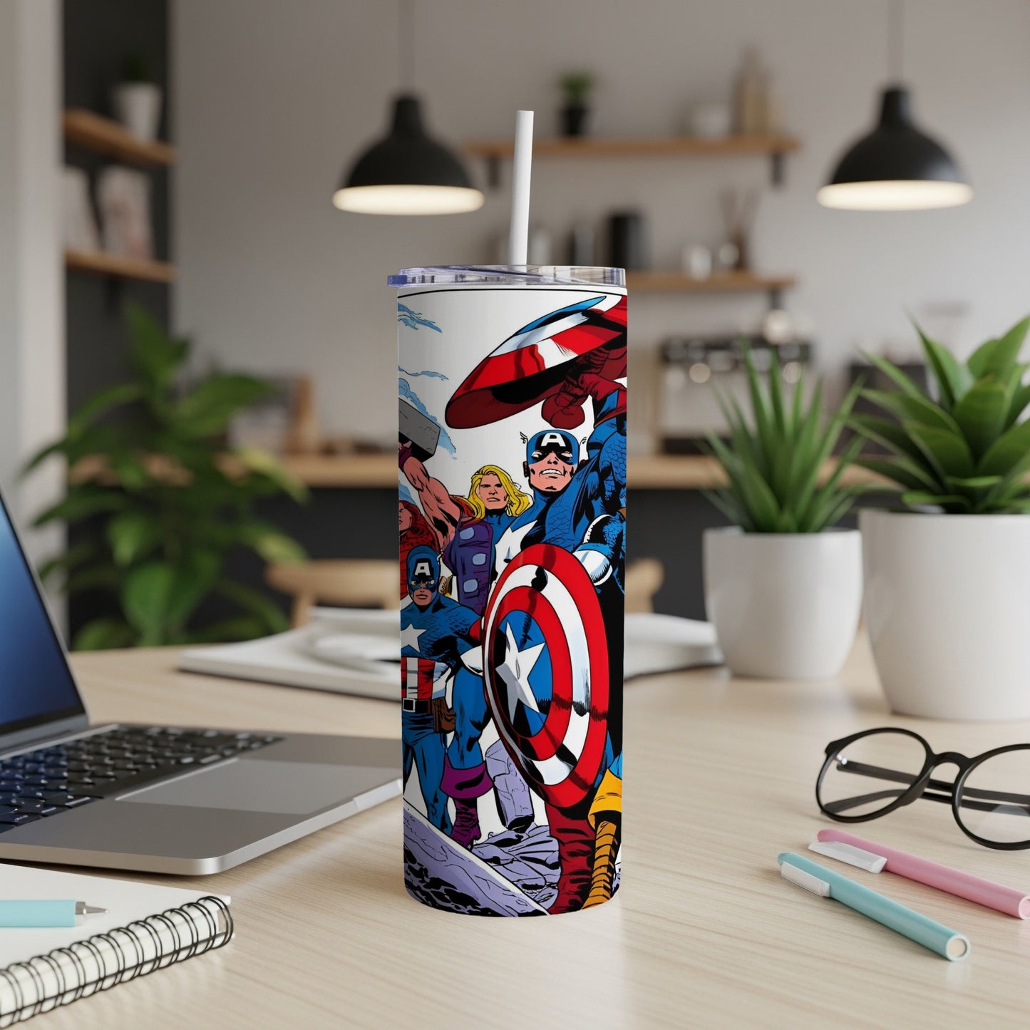 Avengers comic art on a white tumbler with a straw.