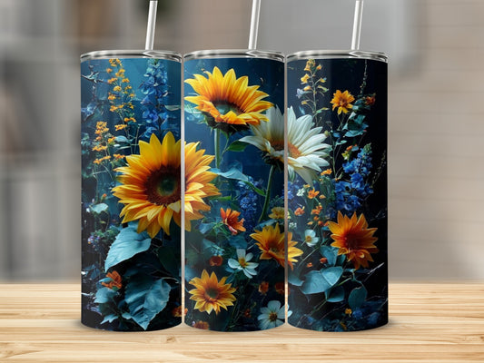 Three tall tumblers featuring sunflowers and wildflowers on a dark floral background.