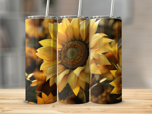 Three tumblers with a close-up sunflower design.