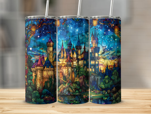 Stained glass castle in a starry night landscape.