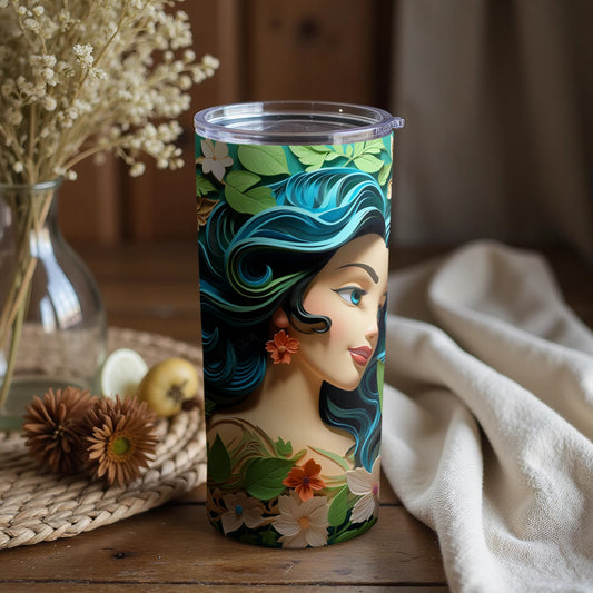 Floral Art Design Travel Mug Featuring Elegant Woman