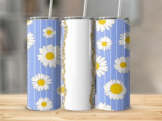 Two tall tumblers with daisies on blue background and a gold stripe.