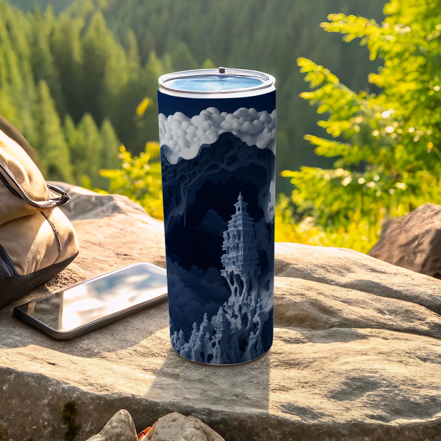 White castle on dark blue abstract background, on rocks near backpack and phone.