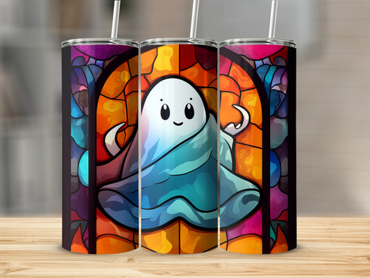 Three tumblers with a stained-glass ghost design.