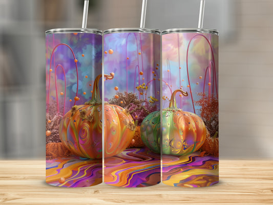 Three tumblers with psychedelic pumpkin designs on a wooden surface.