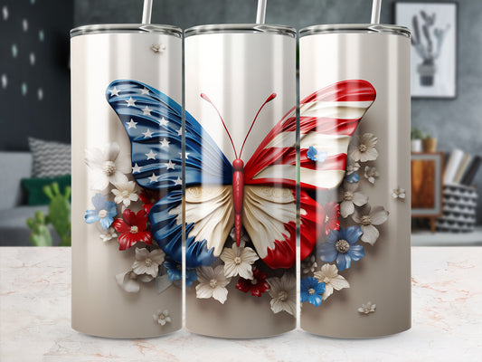 Butterfly tumbler with American flag wings and floral accents.