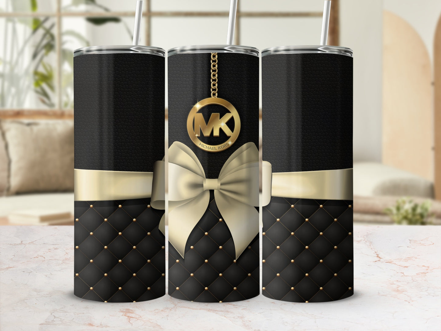 Black and Gold Quilted Tumbler with Bow Design