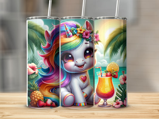Unicorn with rainbow mane and flowers, holding a strawberry, with tropical drinks.