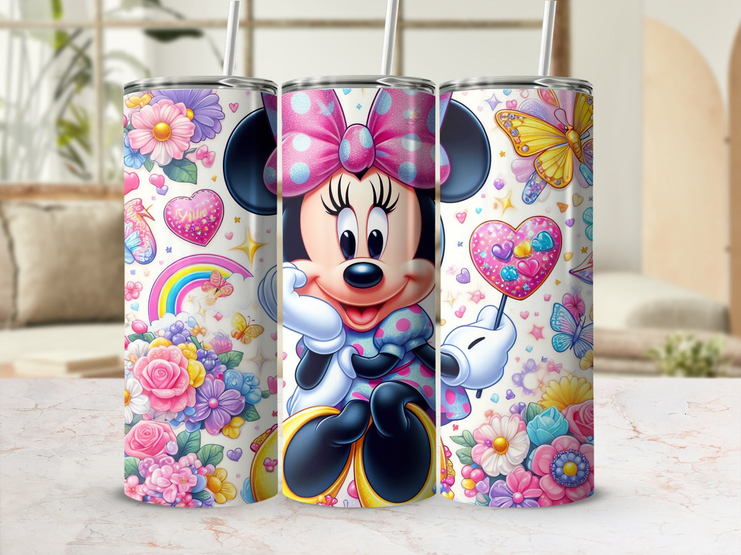 Cute Minnie Mouse Floral and Hearts Design Tumbler