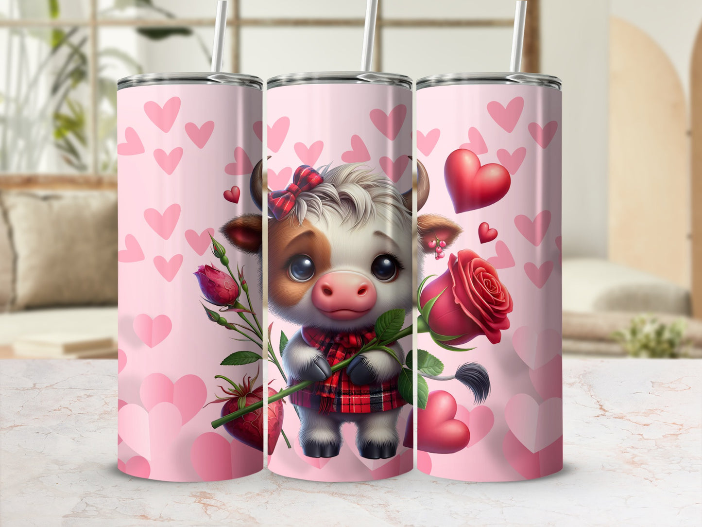 Cute Valentine's Day Cow with Roses Tumbler Design