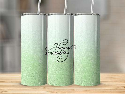 Three tall tumblers with green glitter gradient and "Happy Anniversary" text.