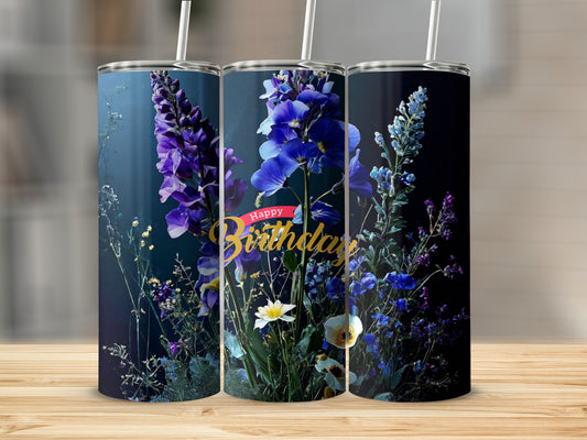 Tumbler with purple and blue floral design and "Happy Birthday" text.