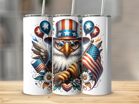 Patriotic eagle wearing glasses and holding American flags.